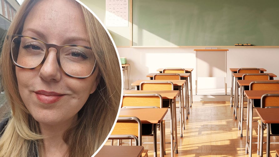 Ett porträtt av Sofia Bohné och en genrebild av ett tomt klassrum med bänkar i rader