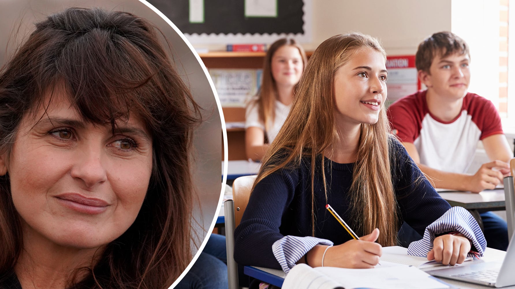 Till vänster ett porträtt av Sonia Larsson i rundad ram, till höger en genrebild av elever i högstadieåldern i klassrummet