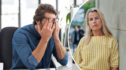 Anna Olskog, ordförande för Sveriges Lärare, och en stressad person som håller handen för ansiktet