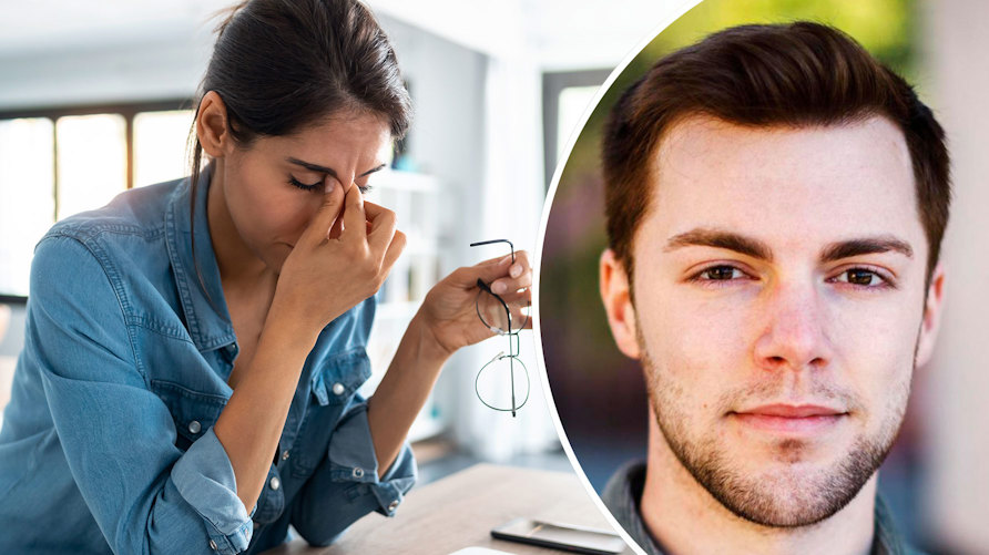 Bild av en stressad person som masserar en bekymmersrynka, och Adam Kedert, ordförande för Sveriges Lärarstudenter