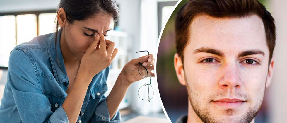 Bild av en stressad person som masserar en bekymmersrynka, och Adam Kedert, ordförande för Sveriges Lärarstudenter