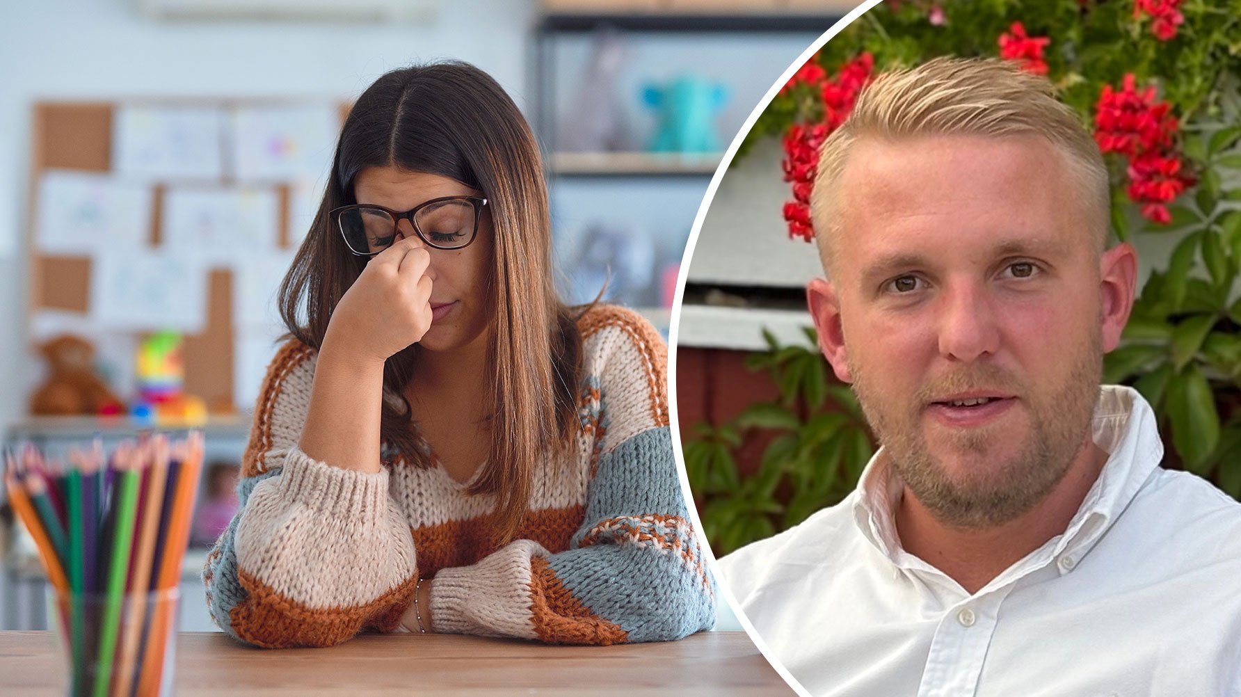 En genrebild av en lärare vid katedern, hon ser trött och stressad ut, och ett porträtt av Jonas Swensson