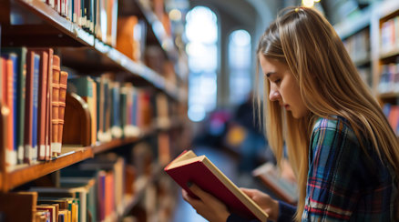 En student I ett bibliotek läser i en uppslagen lärobok vid en bokhylla