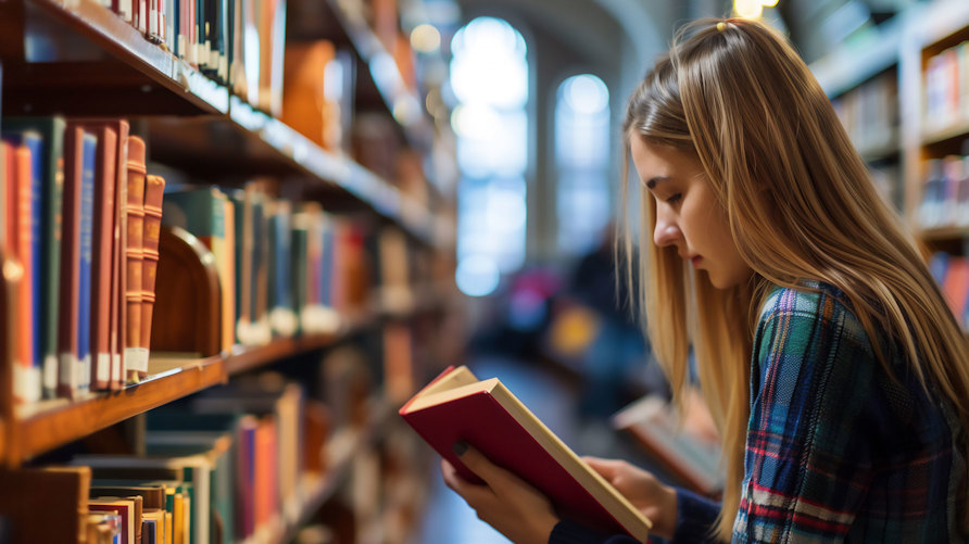 En student I ett bibliotek läser i en uppslagen lärobok vid en bokhylla