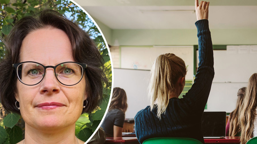 Läraren Susanne Fahlesson och bild på elever i ett klassrum
