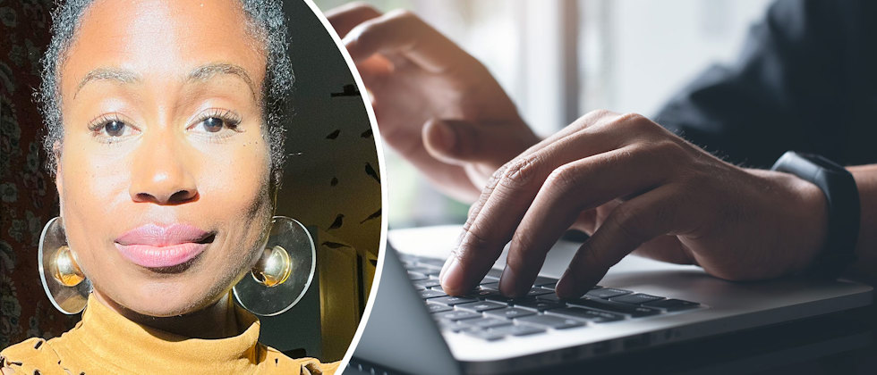 Therese Blomqvist och en närbild av en person som arbetar vid en dator, man ser bara händerna