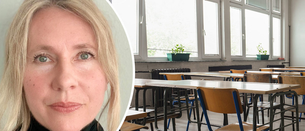 En närbild på Therese Rosengren som tittar in i kameran och ett tomt klassrum