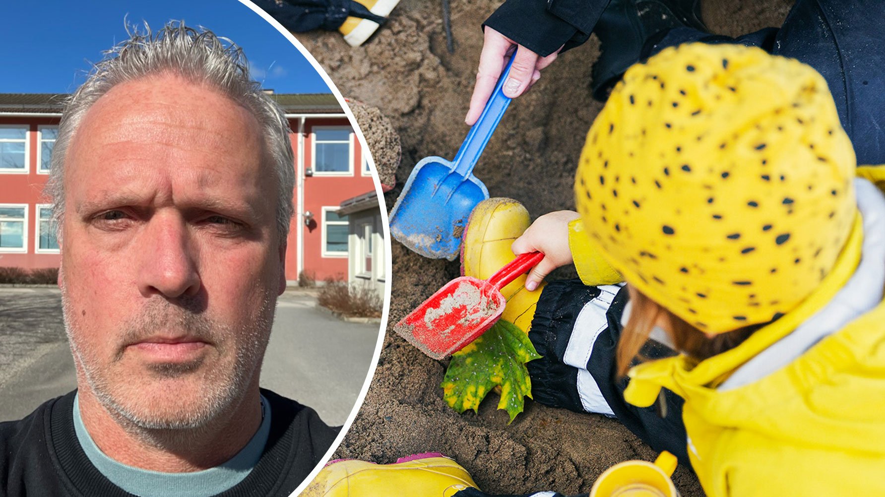 Ett porträtt av Thomas Ek och en genrebild av ett barn i galonisar i sandlåda, en vuxen hand håller en spade