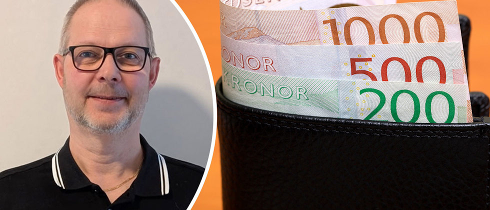 Ett porträtt av Thomas Eriksson och en genrebild av en plånbok med sedlar