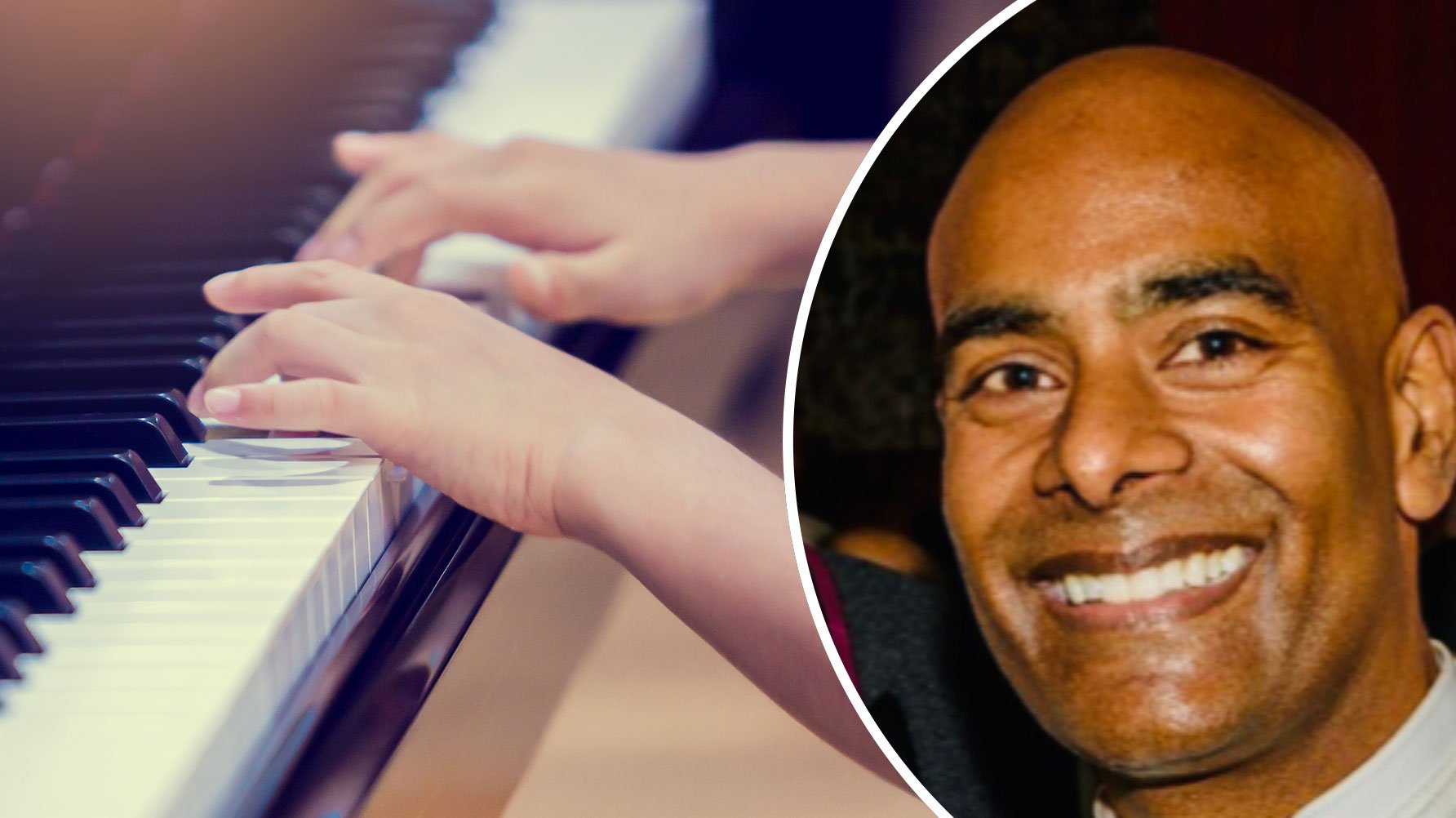 En genrebild av barnhänder över ett klaviatur och en rund porträttbild av Thomas Gustavsson