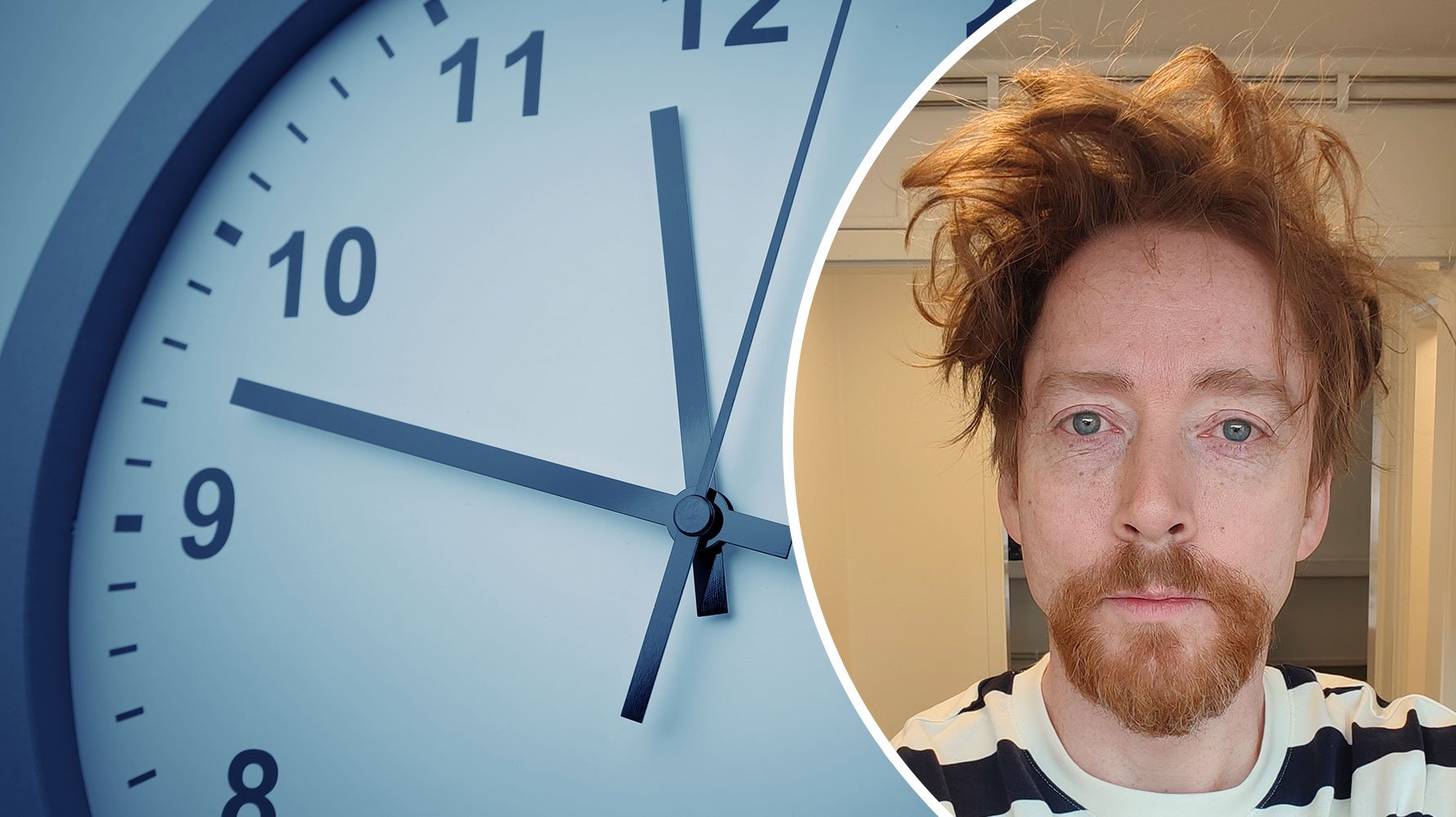 En genrebild av en urtavla med visarna på tio i tolv och ett porträtt av Thomas Hunter