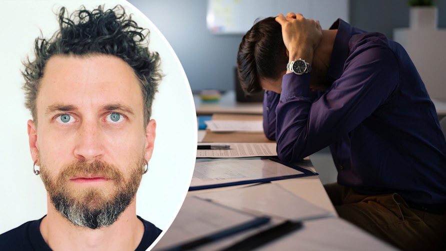 Ett porträtt av Tomas Antonsson och en genrebild av en man som faller ihop framför datorskärmen med händerna runt huvudet
