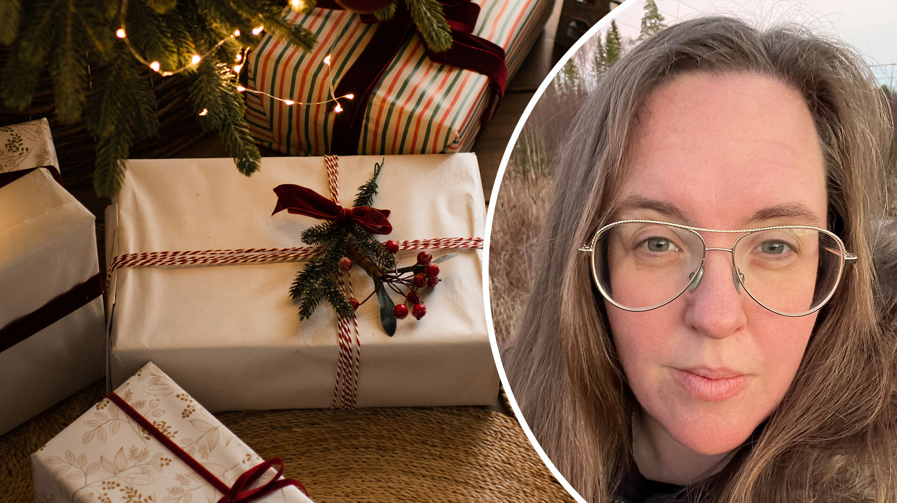 Ett portr&#xE4;tt av Towe Falk och en genrebild av paket under en julgran