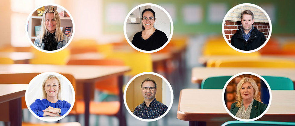 Anna Olskog, Sverige, Yrkisfelagið Miðnám, Färöarna, Tomas Kepler, Danmark, Katarina Murto, Finland, Gordon Ørskov Madsen, Danmark, Anne-Charlotte Gavelin Rydman, Sverige mot bakgrund av ett tomt klassrum.