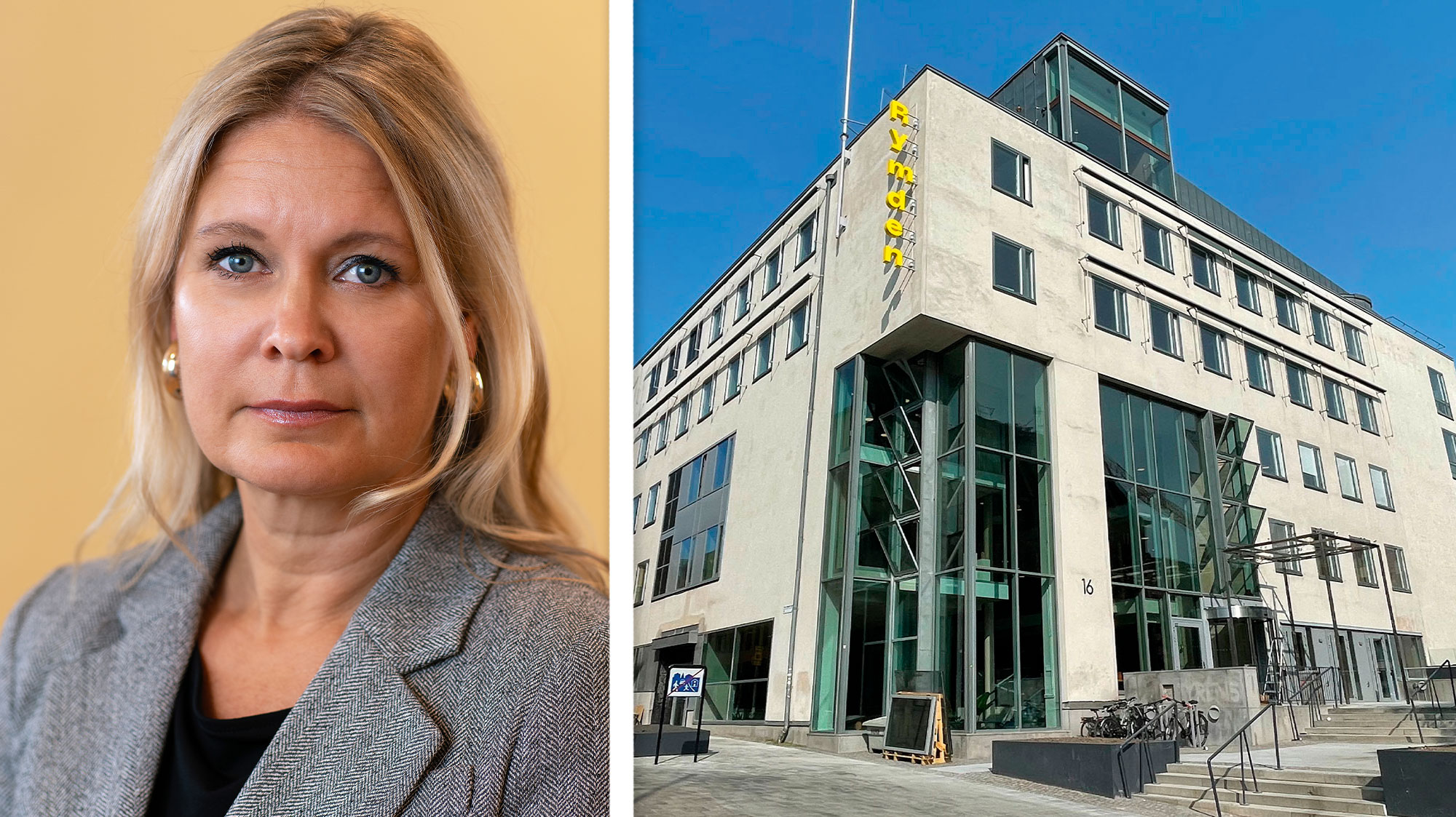 Ett porträtt av Katariina Treville och en bild av Sveriges Lärares huvudkontor i Stockholm