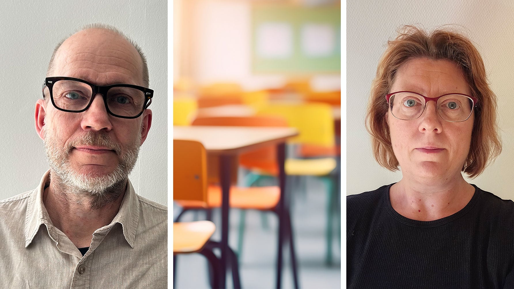 En tredelad bild: till vänster ett porträtt av Joachim Varga, i mitten en genrebild av ett klassrum med tomma bänkrader, till höger ett porträtt av Malin Cato.