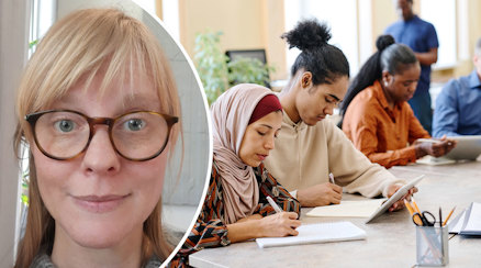 En närbild på Vera Ydrefelt och elever som studerar i ett klassrum