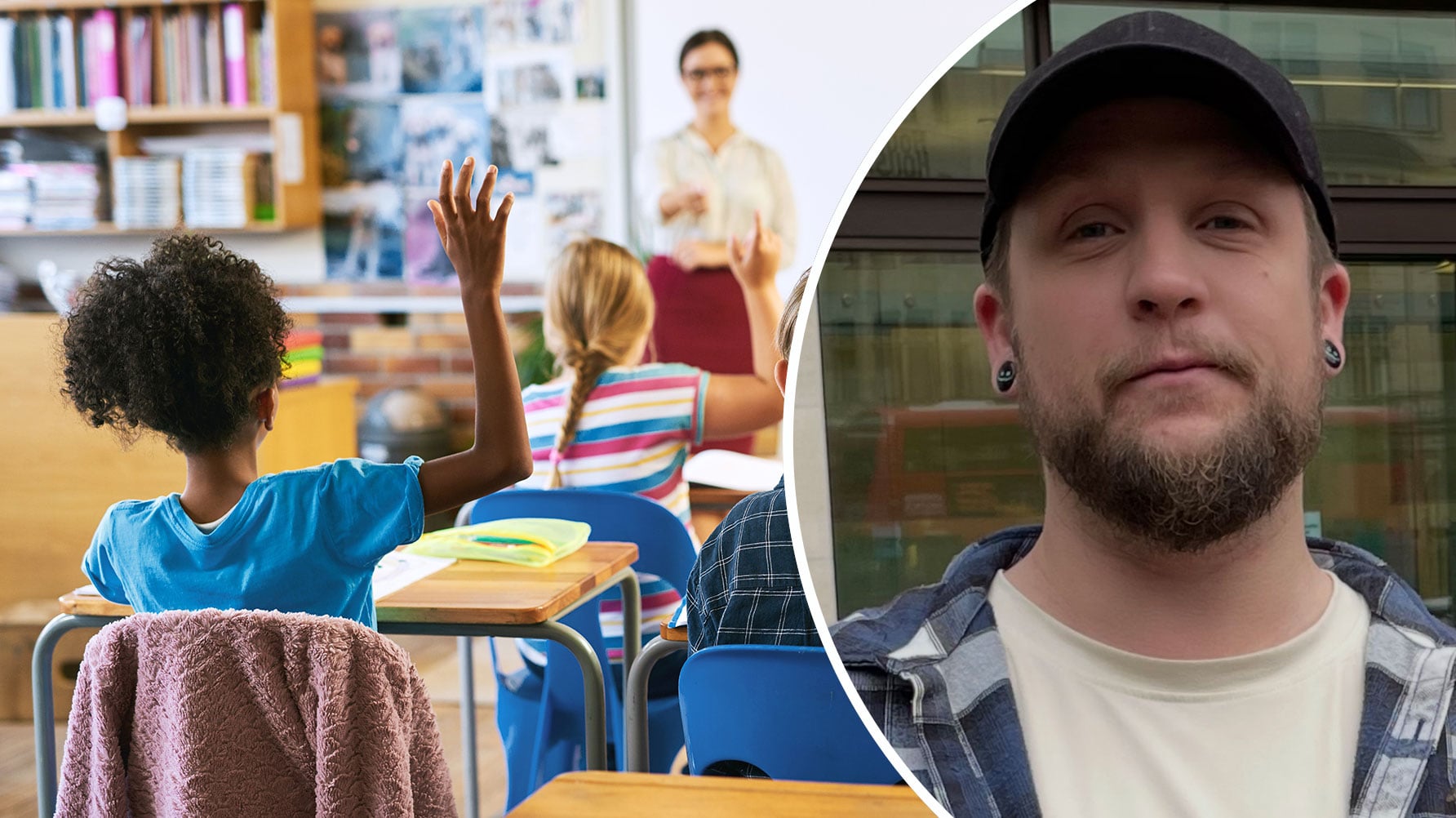 En genrebild från en lektion till vänster, till höger en infälld bild i rund ram med ett porträtt av Daniel Brundin