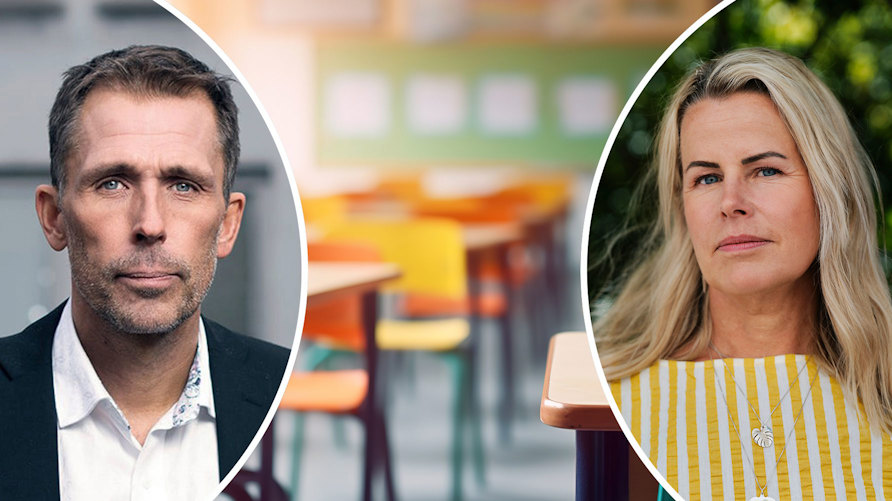 Porträtt av Anna Olskog och Håkan Wiclander, mot en genrebild av ett klassrum med skolbänkar i närbild