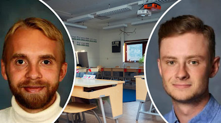 En bild av William Malmström och Emil Tidlund och ett tomt klassrum