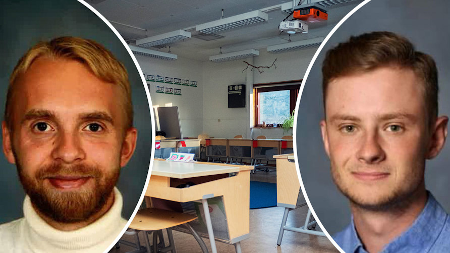 En bild av William Malmström och Emil Tidlund och ett tomt klassrum