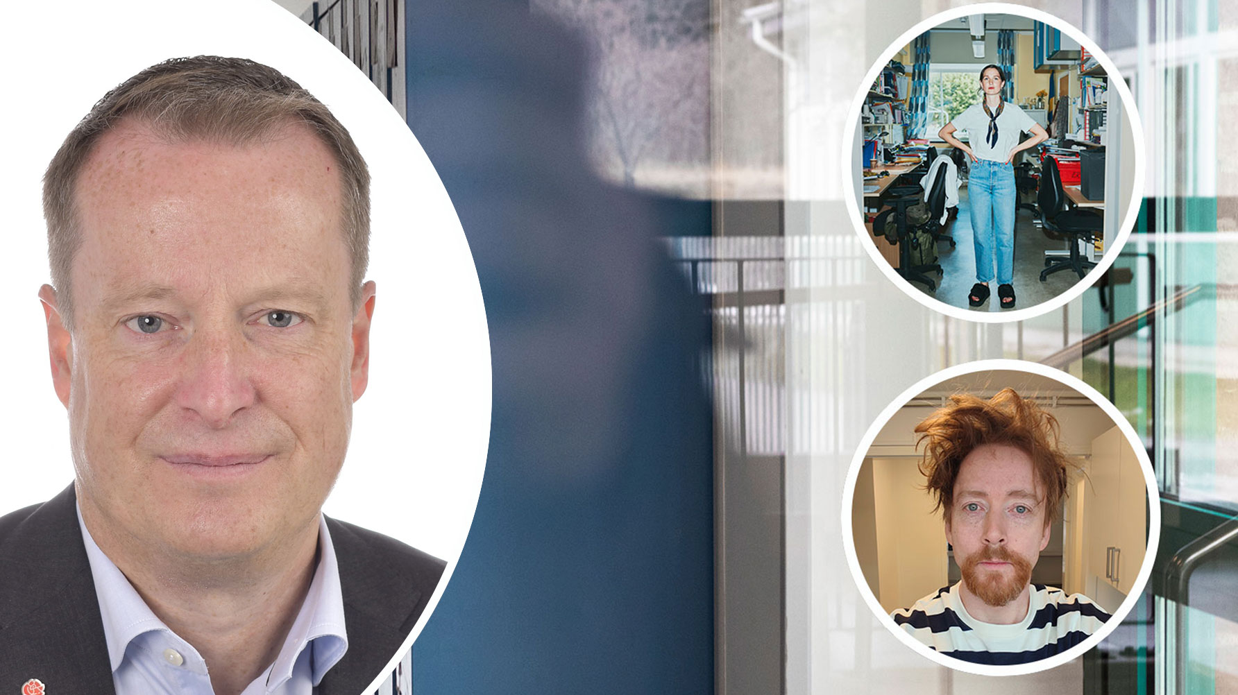 En bild från en skåphall i en skola, till vänster ett rundat porträtt av Anders Ygeman, till höger två små ramar, överst Hanna Garberg i sitt arbetsrum, underst ett porträtt av Thom Hunter