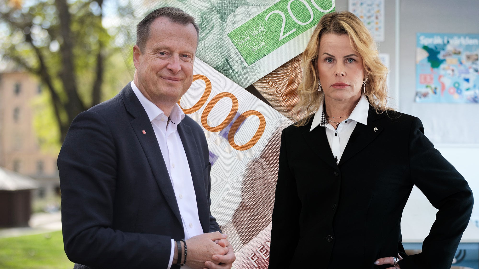 En bild av Anders Ygeman och Anna Olskog, genrebild av svenska sedlar inlagda i bakgrunden