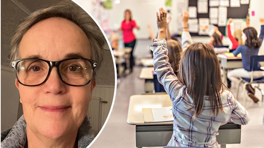 Ett porträtt av Anna Knutson Savelid och en genrebild från en lektion i ett klassrum