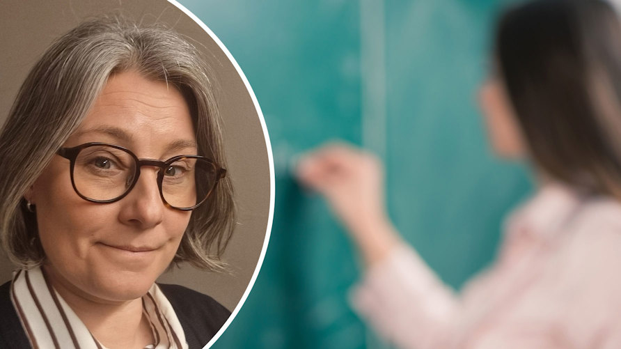 Ett porträtt av Anna Nilsson och en genrebild av en lärare som skriver på svarta tavlan