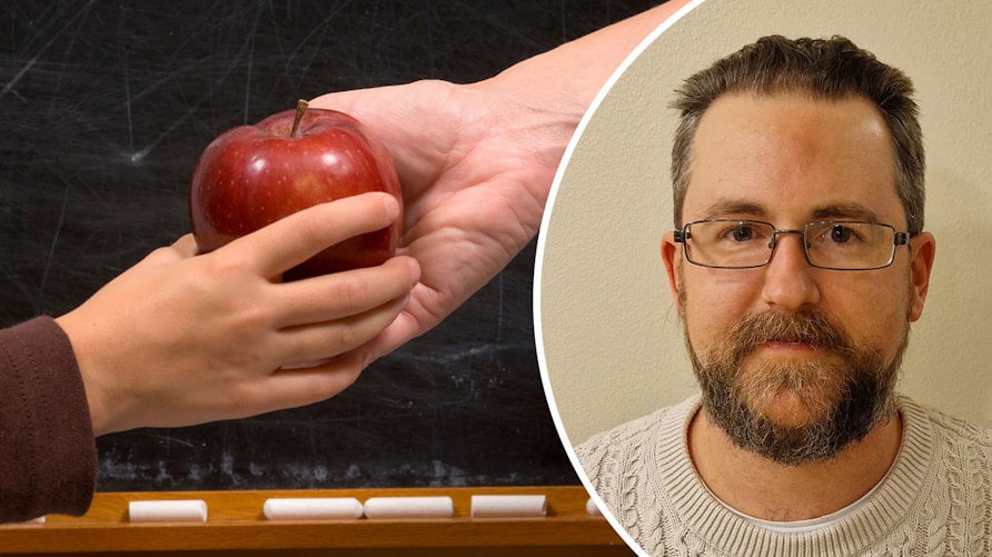 En bild av ett barn som sträcker över ett äpple till en lärare och ett porträtt av Ryan Jurison