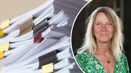 En genrebild av en pappershög och ett porträtt av Ingrid Pihl