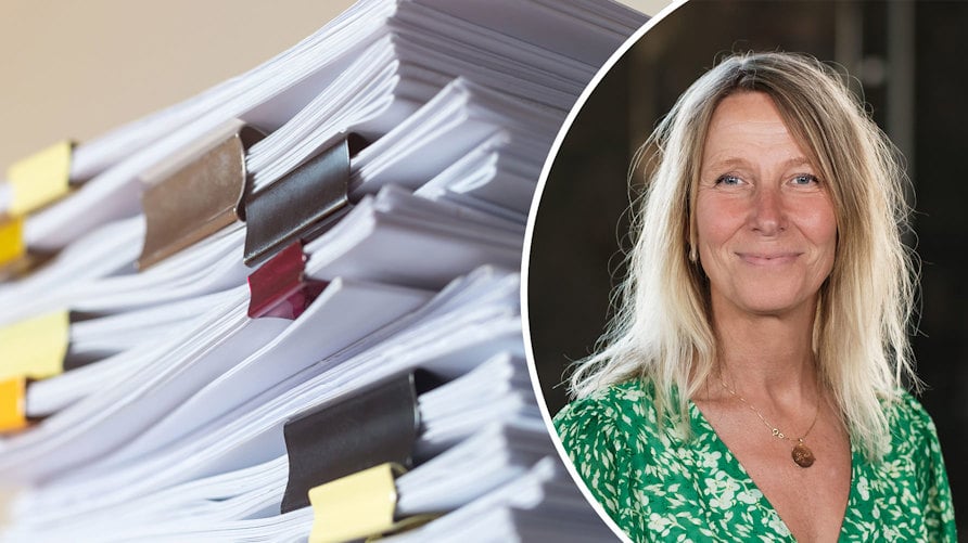 En genrebild av en pappershög och ett porträtt av Ingrid Pihl