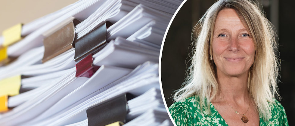 En genrebild av en pappershög och ett porträtt av Ingrid Pihl