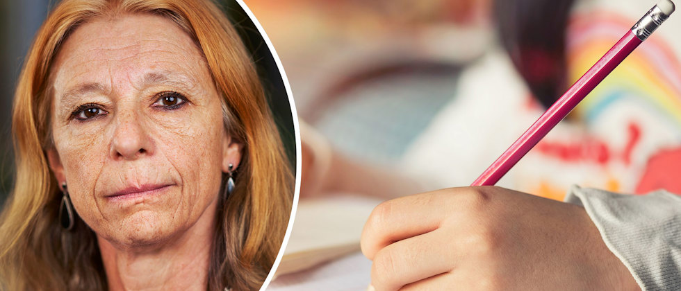 Ett porträtt av Agneta Gulz och en närbild av ett barns hand som skriver med penna på papper