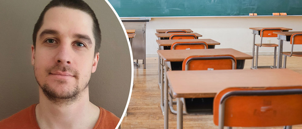 En närbild av Jens Jörnbom och en genrebild av ett tomt klassrum med bänkar i rader