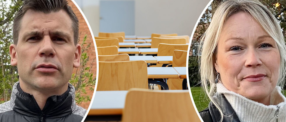 Porträtt av John Nilsson och Anne Pihlo, och en genrebild av ett tomt klassrum