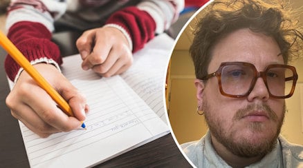 Ett porträtt av Oscar Björk och en genrebild av ett barn som skriver, man ser bara händerna