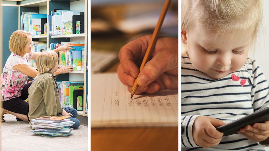 Tre genrebilder av en bibliotekarie och ett barn framför en bokhylla, en vuxen hand som antecknar och ett litet barn med mobiltelefon.